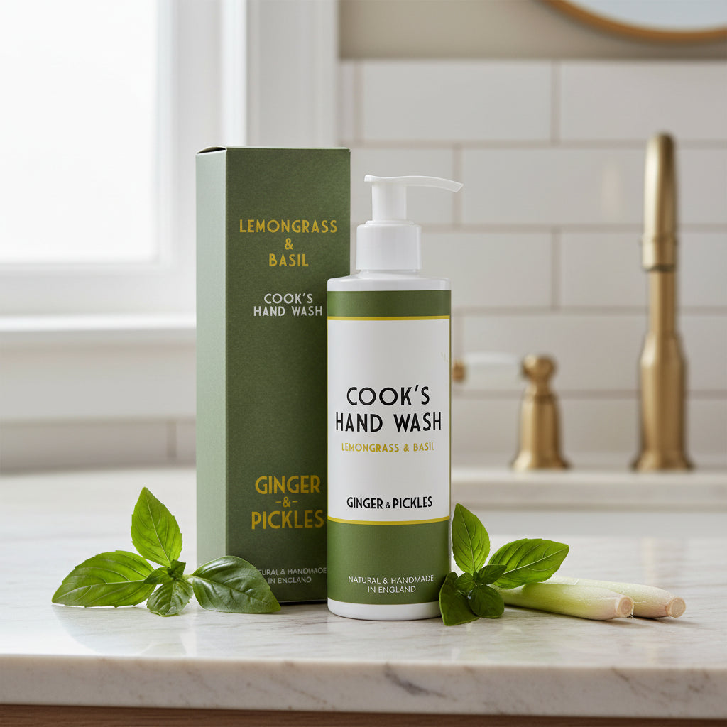 A pump bottle of Cook's Hand Wash with lemongrass and basil, placed in front of its packaging box.